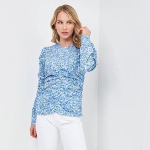 Zara Floral Puff Lung Sleeve Crew Neck Blouse Ruched Details. Size XS